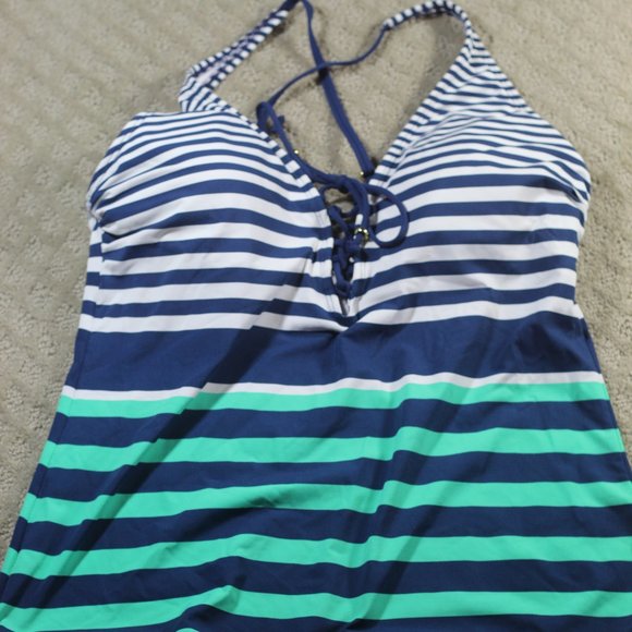 Liz Claiborne Size M Classic Navy & Green Nautical Look Lace Up Tankini Top - Picture 1 of 5